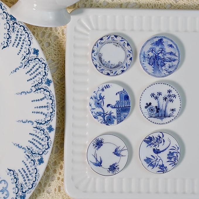 6PCS Handcrafted Miniature Ceramic Plates in 1:12 or 1:6 Scale, Vintage Porcelain Playhouse Dishes (Blue-White C, 3CM)