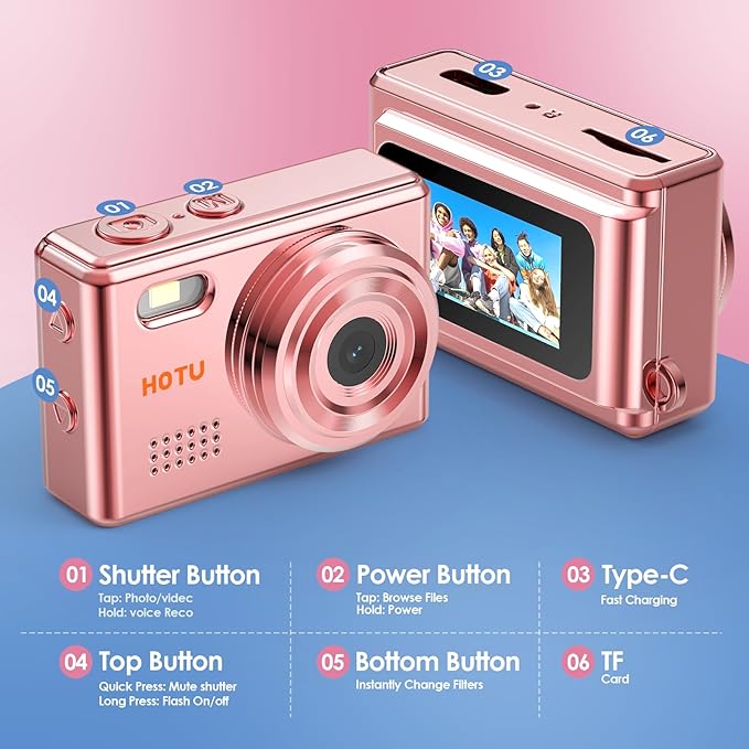 HOTU Mini Keychain Digital Camera, Y2K Pocket-Size Mini Camera, 2MP 1080P Small Camera with 32GB Card, Video Recorder with Long Battery Life for Travel, Party and Vlog (Rose Gold)