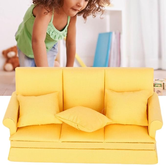 Dollhouse Furniture 1 12 Scale Couch Doll House Mini Sofa with 3Pcs Pillow Living Room Furniture Wooden Doll House Decoration Accessories Dolls House Living Room (Yellow)