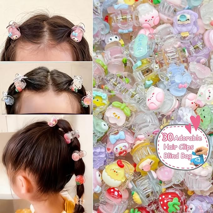 30PCS Cute Hair Clip Blind Bags, Random Cartoon Animal Fruit Mini Hair Claws Surprise Blind Box, Cute Daily Styling Hair Clip, Adorable Hair Accessories for Girls Kids ﻿ ﻿