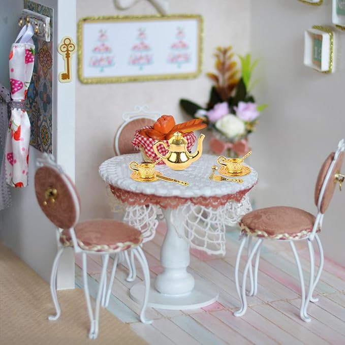 24 Pieces Mini Tea Set Golden Metal Dollhouse Miniatures Tiny Tea Set Mini Doll Plates Knife Fork Spoon for Dollhouse Furniture and Kitchen