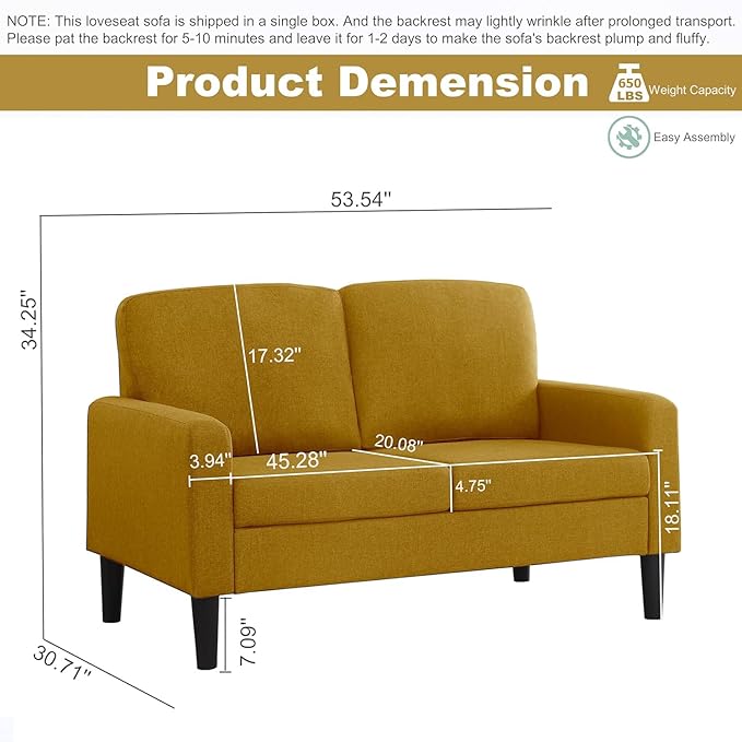 asunflower Small Loveseat Sofa 52 Inch Office Couch Yellow Comfy Linen Fabric 2 Seater Sofa Small Space Couch Tool-Free Assembly Love Seats for Bedroom,Drom Room,Kid's Room