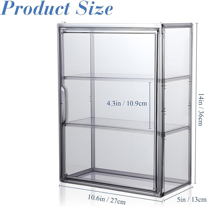 2 Pcs Clear Acrylic Display Case 3 Tier Display Shelf Storage Boxes Cabinet Organizer with Magnetic Door for Figures Toys (Gray)