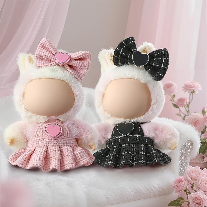 Clothes for LABUBU Doll (NO Doll), Luxury Chic Style 2-Piece Accessories for LABUBU 17cm Dolls, Premium Fashion Outfit - Bow Headdress + Plaid Tweed Dress (Black)