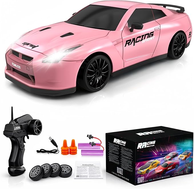 Remote Control Car RC Drift Car 2.4GHz 1:24 Scale 4WD 15KM/H High Speed Model Vehicle with LED Lights Drifting Tire Racing Sport Toy Car for Adults Boys Girls Kids Gift 2Pcs Rechargeable Batteries