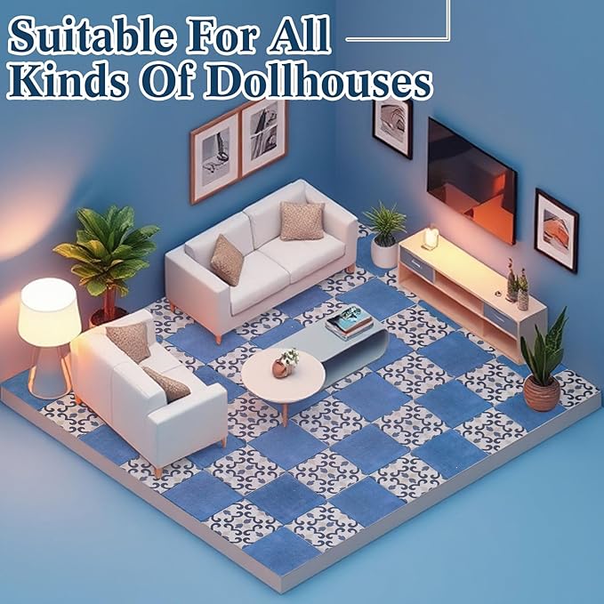 ShinyRelief 120 Pcs Dollhouse Floor Tiles Dollhouse Flooring 1 12 Scale 1 6 Scale Doll House Wallpaper Peel and Stick Miniature Bricks Carpet Double Sided Floor Tile (Floral & Blue Color Marble)