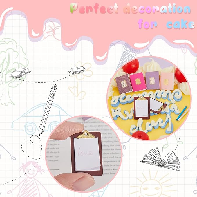 Sumind 4 Pieces Miniature Books with 8 Pcs Pencils and 2 Pcs Clipboards Mini House Decoration Accessories Coloring House Play Set for Miniature Room, DIY Crafting(Novel Style)