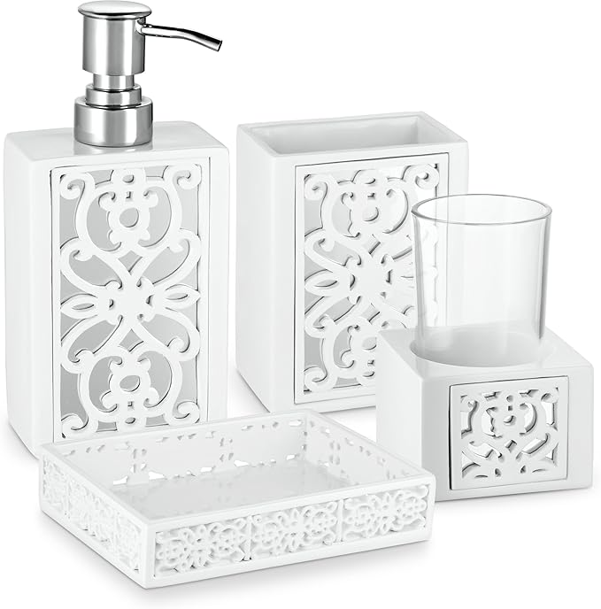 Creative Scents Mirror Janette White Bathroom Accessories Set - Decorative 4 Piece Bathroom Set - Mirrored Bathroom Accessory Set Includes: Soap Dispenser, Toothbrush Holder, Tumbler and Soap Dish