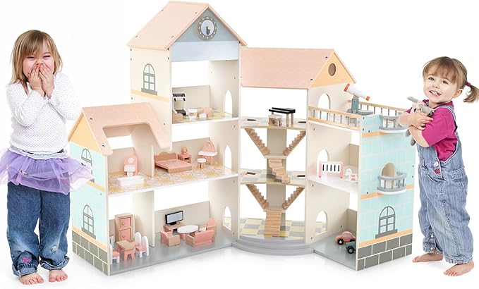 Costzon Wooden Dollhouse for Kids, DIY Pretend Dollhouse Playset w/ 41 Pieces of Furniture & Accessories, 7 Rooms, Balcony Patio & Garage, Corner 3-Story Luxury Doll House, Gift for Kids 3+ Years