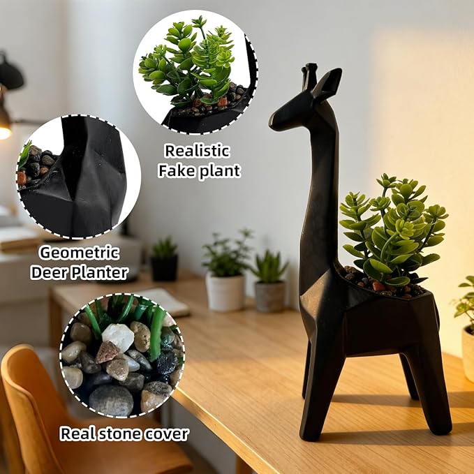 Ordbuum 2PCS Black Mini Succulents Plants Artificial with Giraffe Shaped Pots,Small Indoor Fakeplants for Shelves and Bathroom, Mini Desk Plants for Office