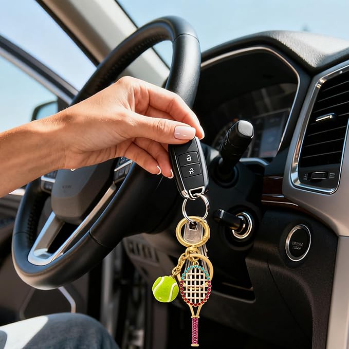 FILMOON Tennis Ball Keychain Sparkling Crystal Tennis Racket Keyring Accessory Purse Charm Car Key Chain