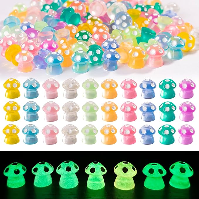 100 Pcs Glow in The Dark Mini Mushroom Figurines,10 Colors Resin Mini Figures for Fairy Garden Decor,Terrarium Accessories, Dollhouse Miniature Bulk Set