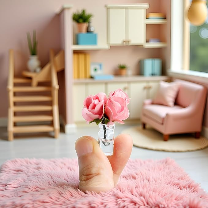 Miniature Glass Vase Set, Dollhouse Accessories, 1:12 and 1:8 Scale, Colorful Flower Bottle Decoration (Pink)