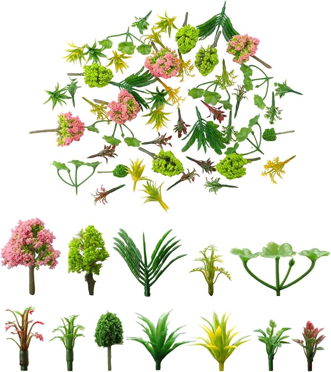 105 Pcs Miniature Plant Set,Mini Trees Flowers Shrubs Diorama Garden Supplies for Crafts,Mini Fake Plastic Trees for Diorama Train Garden Scenery Railway Sand Architecture Model Supplies