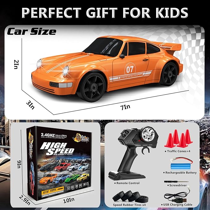 RC Drift Car 1:24 Remote Control Car 4WD 15KM/H High Speed Racing Sport Car with LED Lights RC Cars Toy for Kids Boys Girls Adults Gifts Birthday Christmas Rechargeable Batteries