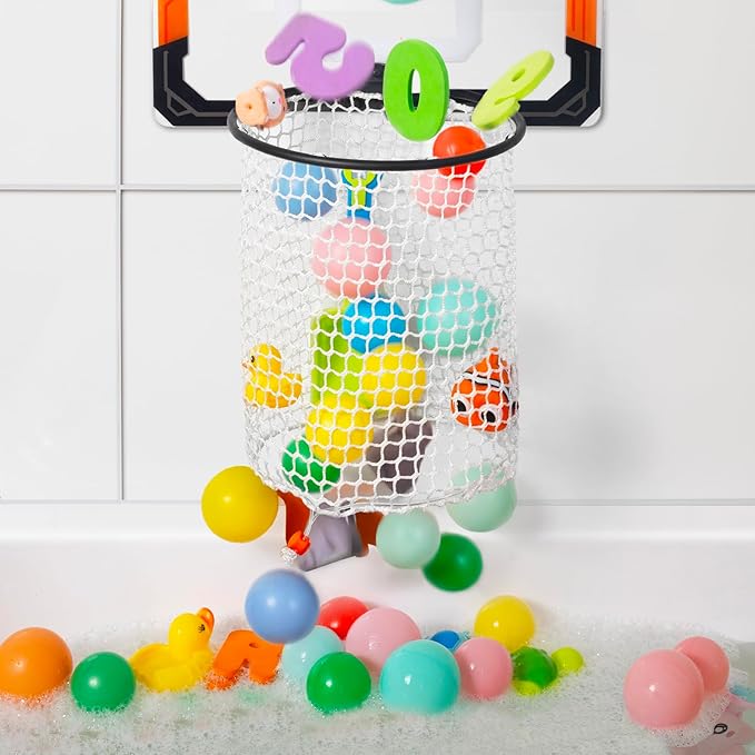 QPJ Baby Bath Toy Storage Organizer, Large Opening Mesh Bathtub Toy Storage for Tub, Bath Toy Holder for Quick Release of Toys for Bathroom, Basketball Hoop Design with Fun Bonus