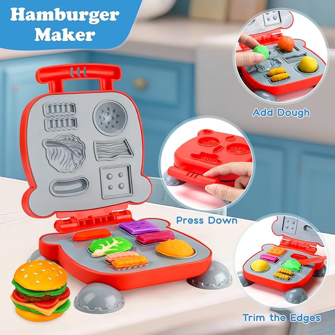 85 PCS 3 in 1 Dough Sets for Kids Ages 3-4-8, Art Crafts Dough Tools Kit, Train Engine Noodle Playset, Hamburger Machine, Dessert Rack, Kitchen Creations Food Play Toys Boys Girls