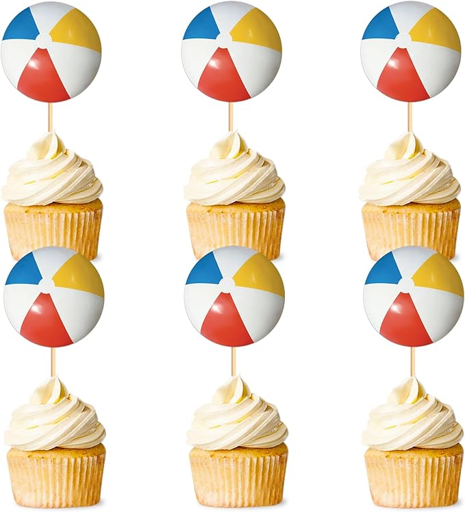 Ercadio 24 Pack Double Sided Beach Ball Cupcake Toppers Water Polo Cupcake Picks Beach Sport Birthday Cake Decorations Baby Shower Party Cake Decoration
