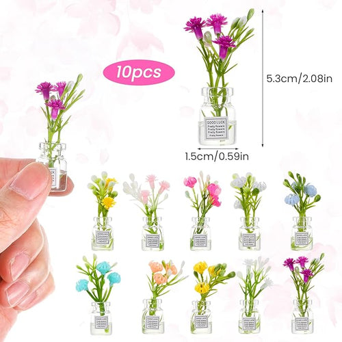 10 Pcs Dollhouse Miniatures Flowers Plants, 1:12 Tiny Small Glow in The Dark Glass Vase Flowers Plant House Decor, Faux Flower Model Miniature Dollhouse Accessories for Tiny Houses