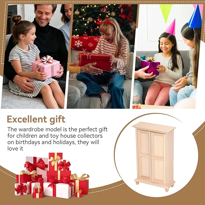 1:12 Dollhouse Wardrobe, Wooden Miniature Double Door Closet Furniture Accessory for Bedroom Living Room