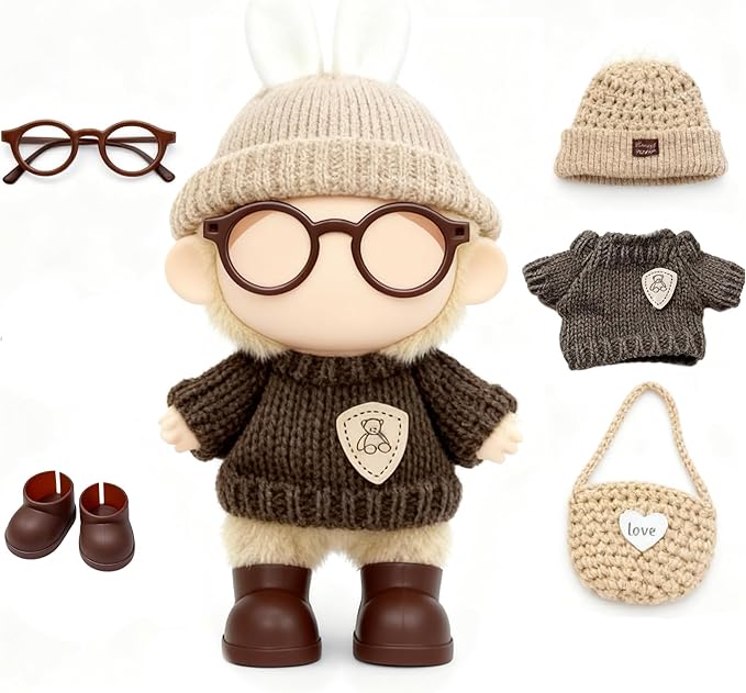 17cm Doll Clothes – 5-Piece Set, Hat + Sweater + Small Backpack + Glasses + Shoes, Cute and Premium Dolls Outfit Accessories (Khaki Brown)