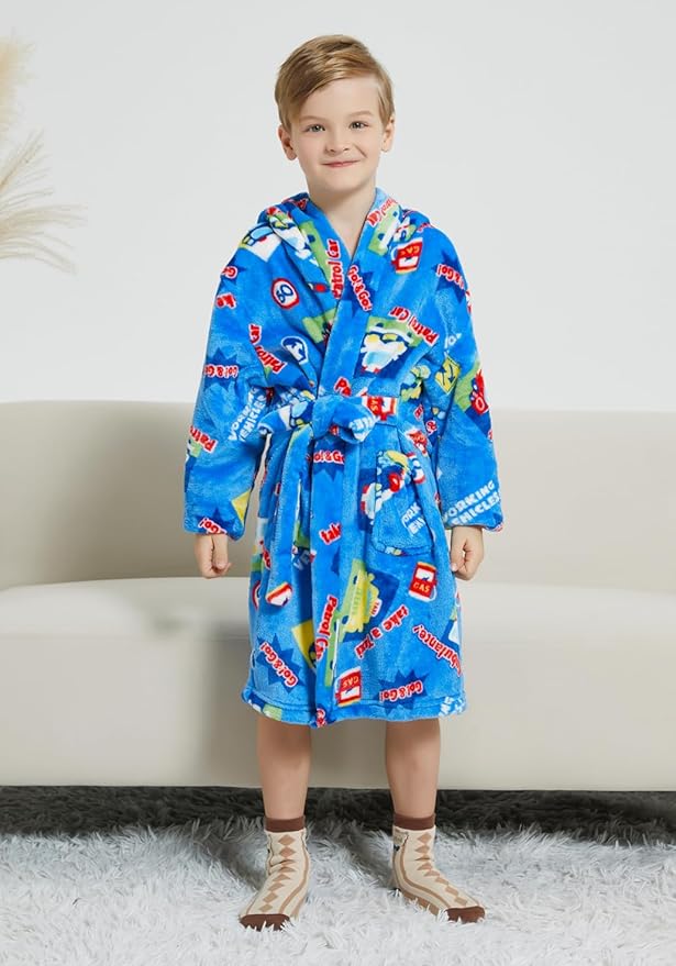 Boys Fleece Robe Hooded Toddler Soft Bathrobe Pajamas Sleepwear for Kids Girls 2-16 Years