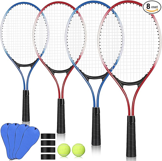 Motionchic Tennis Rackets Recreational 21 Inch Lightweight Tennis Racket with Balls for Training Beginners with Overgrips Carry Bag(Blue,Red)
