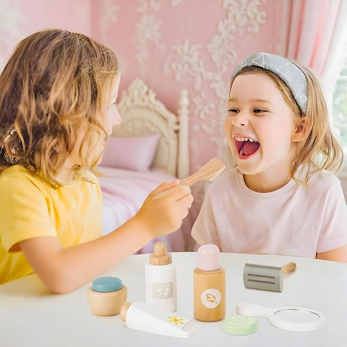 OEUVI Wooden Makeup Toy Set,Pretend Beauty Play Toys,Skin Care Learning Preschool Toys for Toddler, Salon Toys Beauty Fake Makeup Kit with Facial Mask for Girls 3 4 5 6 7+ Year Old Girls.