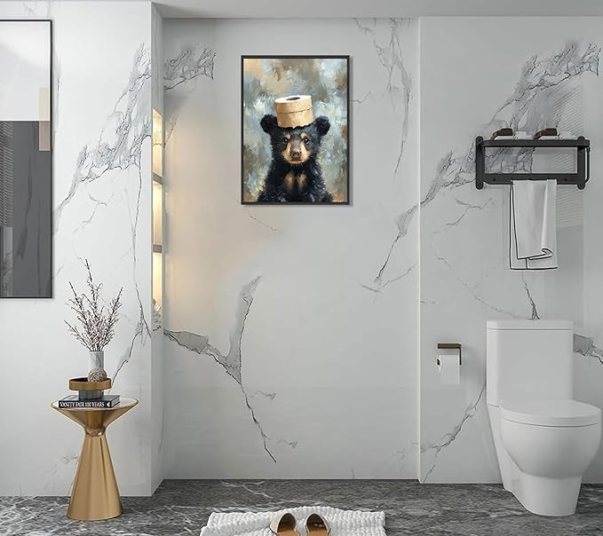 VPUQWGKE Bathroom Bear Canvas Wall Art Black Bear With Paper Wall Decor Picture Bathroom Humor Funny Animal Painting Print for Kids room toilet Washroom Home Decoration 8x10in Black Frame