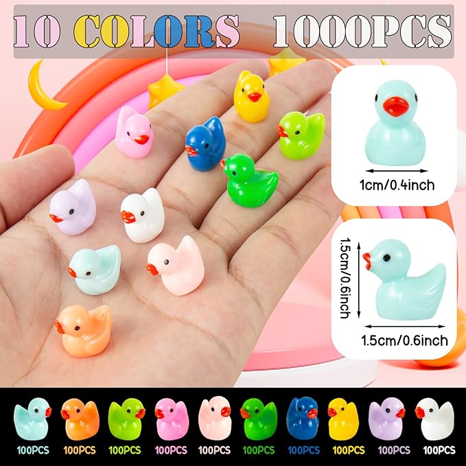 1000Pcs Mini Resin Duck Bulk Tiny Duck Miniature Ducks Figurine Dollhouse Duck for DIY Fairy Garden Landscape Aquarium Decoration Ornament Party to Hide, Toys Crafts Decor, 10 Colors