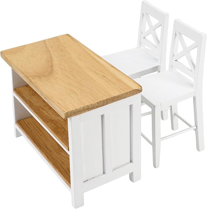 1/12 Scale Dollhouse Kitchen Dining Table Chairs Set – Miniature Kitchen Island with Stools, Modern Wood Furniture for Dollhouse Room Decor – Realistic Miniatures for Restaurant Bar Pub Barbie Crafts
