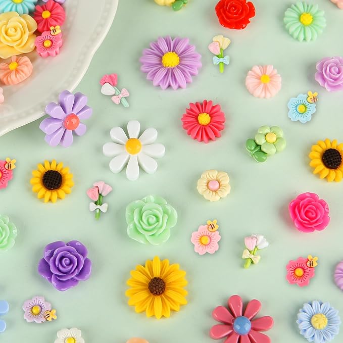 120 Pcs Mini Resin Flowers for Crafts, Cute Small Tiny Flatback Resin Flower Slime Charms Bulk for Scrapbooking DIY Dollhouse Micro Landscape Kawaii Fairy Garden Accessories Miniature Things Decor