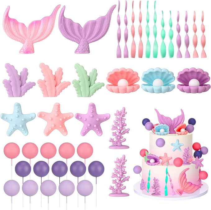 40 Pcs Mermaid Cake Topper - Mermaid Tail Cake Decorations with Seaweed Shells Starfish Coralal Under the Sea Cake Decorations for Birthday Party Decorations