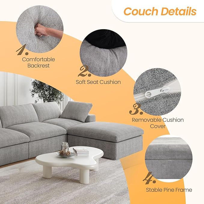 JACH 160" Cloud Sectional Couch, Overzised Down Filled Couch, 8 Seater Convertible Modular Cloud Sofa for Living Room, Minimalist Deep Seat Modern Couches,Sofa Cover Removable, Grey