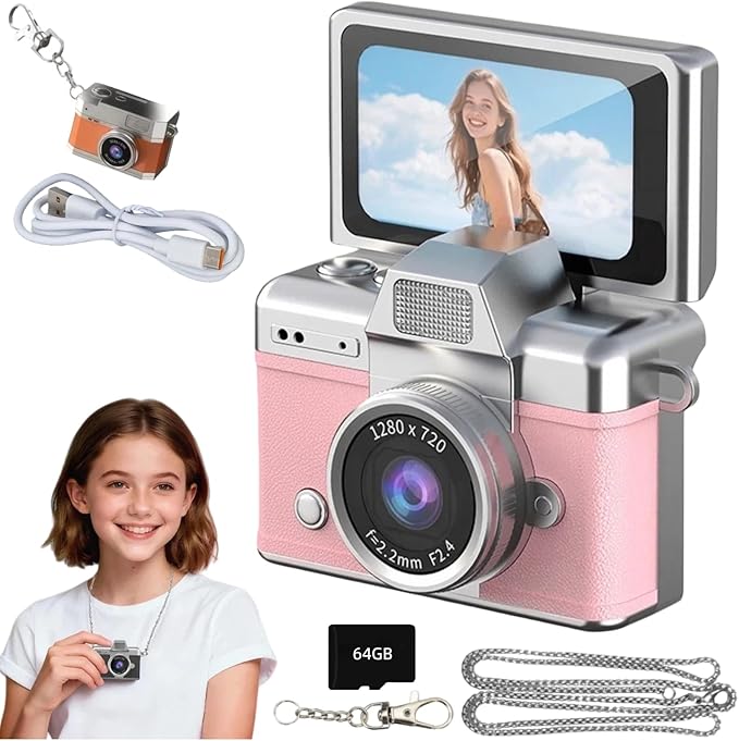 Mini Digital Camera Keychain Retro Mini Digital Video Camera Small 1080P FHD Recording with 0.96" IPS Screen with 6 Retro Filters AVI Format-Ideal for Phone Transfer (64GB, Pink)