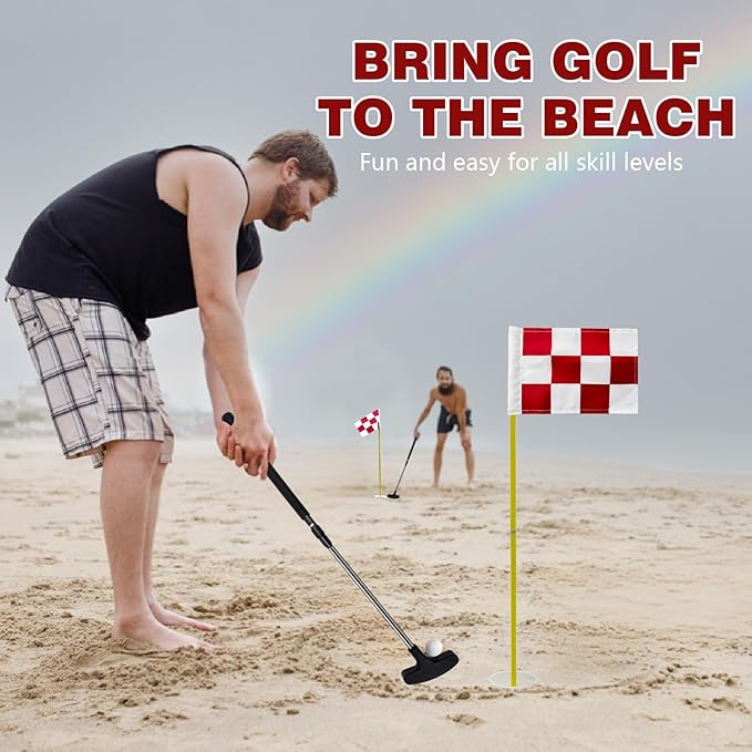 Golf Flagstick Mini Putt Set - Outdoor Battle Putting Game for Sand Beach/Backyard/Driving Range,Detachable Golf Pin Flag Hole Cup Set with 2 Adjustable Putters &Carry Bag, Gift Idea for Men/Boys