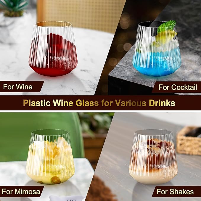 Lueumxc 40 Pack Plastic Ribbed Wine Glasses, 14Oz Origami Disposable Wine Glasses Unbreakable Clear Plastic Cocktail Glasses Recyclable Shatterproof Reusable Wine Cups (14oz 40pack)