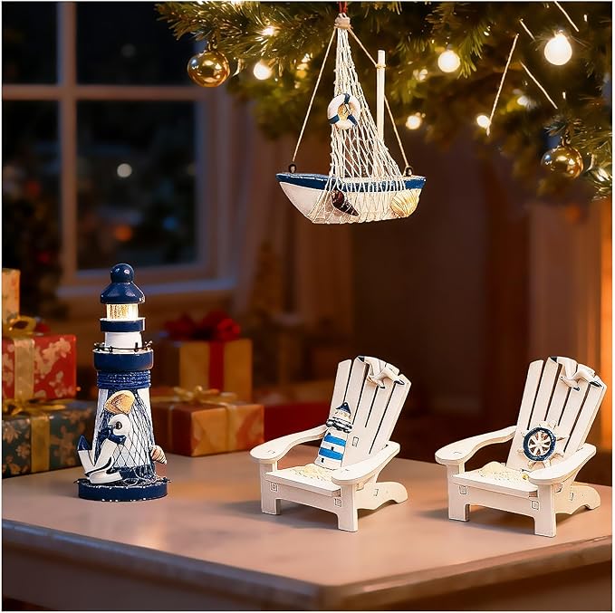 JQAQJU 4" Wooden Beach Chair Lighthouse Sailboat, 4pcs Mini Nautical Home Decoration & Beach Ocean Ornament for Summer Bathroom Bedroom Kitchen