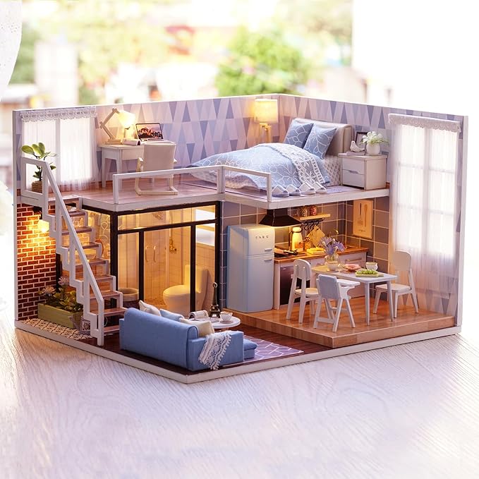 TuKIIE DIY Miniature Dollhouse Kit with Furniture, 1:24 Scale Creative Room Mini Wooden Christmas Doll House Accessories Plus Dust Proof & Music Movement for Kids Teens Adults(Blue Times)