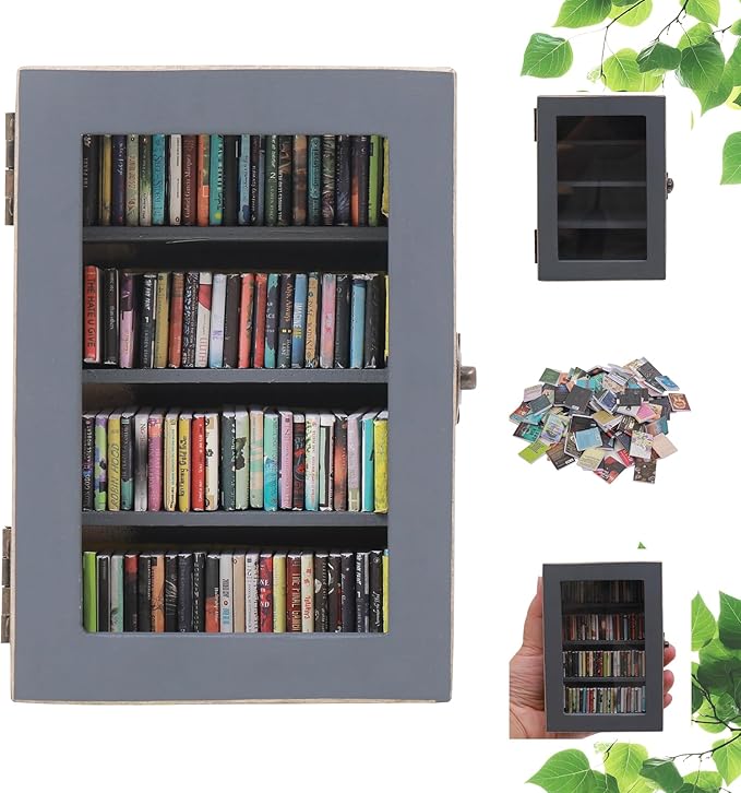 Anxiety Mini Bookshelf Ornament | Shake Away Your Anxiety Rustic Book Library With 100pcs Miniature Books | Wood Pocket Bookcase for Book Lovers Gift (Gray)