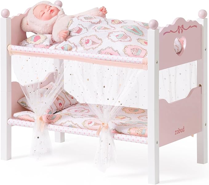 ROBUD Baby Doll Crib, Wooden Baby Doll Beds for 20 Inch Dolls, Baby Doll Bunk Beds with Gauze Curtain, American Girl Doll Bed for Gifts, WRP35