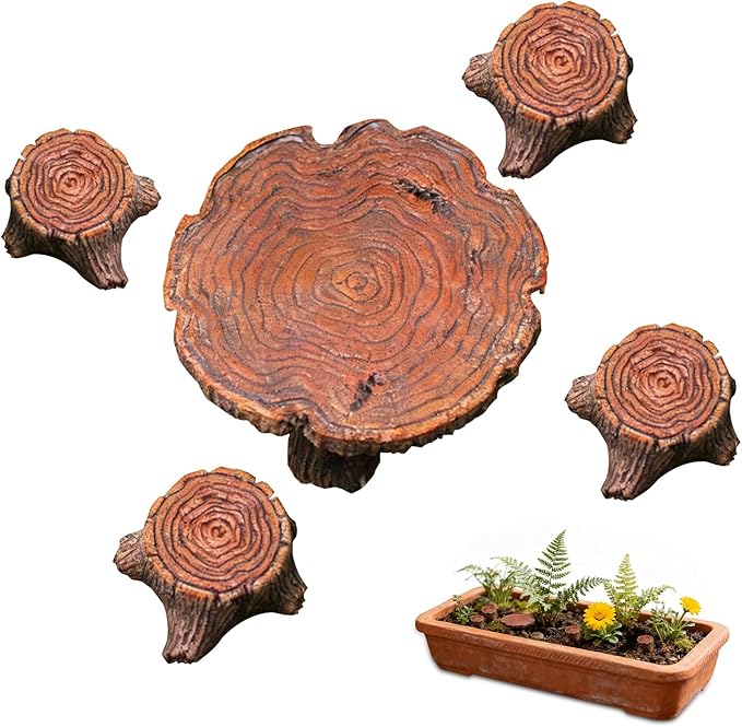 Fairy Garden Accessories Kit with Miniature Table and 4 Chairs, Dollhouse Furniture Set for Terrarium, Mini Garden Outdoor Decor, Fairy Village
