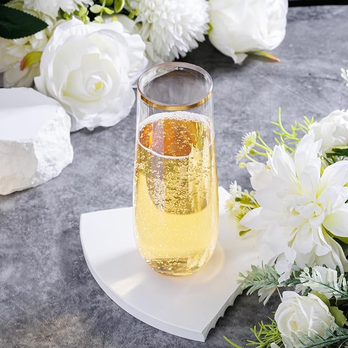 Ciaell 24 Pack Gold Plastic Champagne Flutes - 9 Oz Disposable Champagne Glasses - Stemless Mimosa Glass for Parties & Weddings & Birthdays