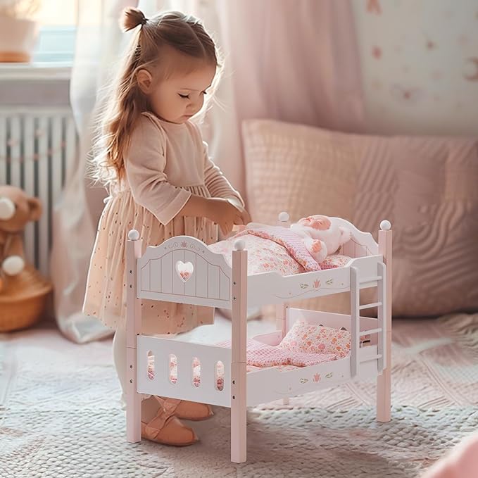 ROBOTIME Baby Doll Bunk Beds, Wooden Baby Doll Crib, Stackable Doll Bed Toy, High18 inch Dolls Furniture Fits American Girl 3+ (Pink, 2 Pcs Beds)