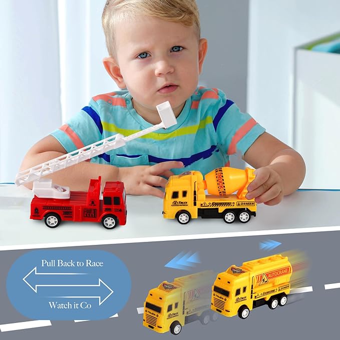8 Pack Pull Back Cars Vehicle Toys Set, Fire Truck Construction Truck Model for Kids Boys Girls Toddler, Mini Pull Back Vehicles Party Favors Birthday Gift Classroom Prize Pinata Fillers