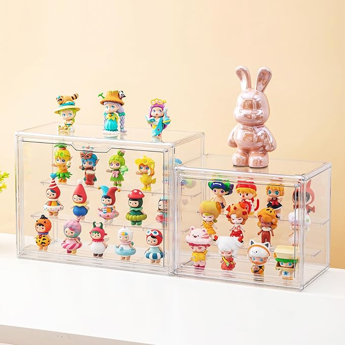 2 Pack Acrylic Display Cases for Collectibles, Clear Display Case for Figures, 3 Tier Display Shelf Boxes Miniature Display Case, Dustproof and Stackable Action Figure Display Cases (2, Large)