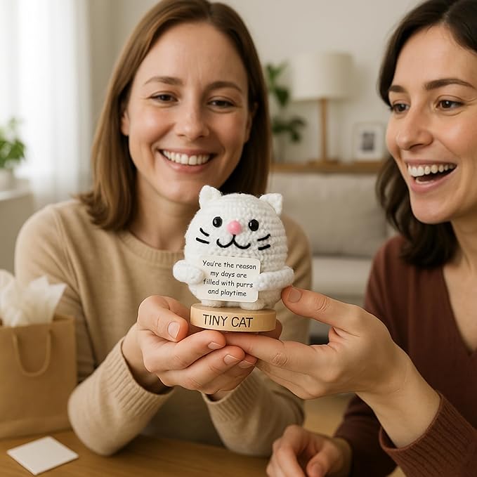 Cat Mom Gifts for Women - 30 Uplifting Affirmations from The Tiny Cat | Cats Lady Presents for Women, Funny Christmas or Birthday Gifts for Fur Mama Present Ideas | Handmade Positive Animal Crochet