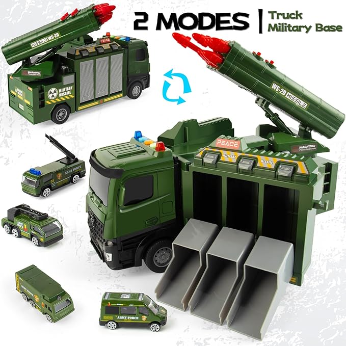 Army Toy for Boys 3-6, Military Truck with 8 Missiles, 6 Mini Die-cast Battle Toy in Carrier Truck with Lights and Sounds, Gifts for Toddler Kids Boys Age 3+