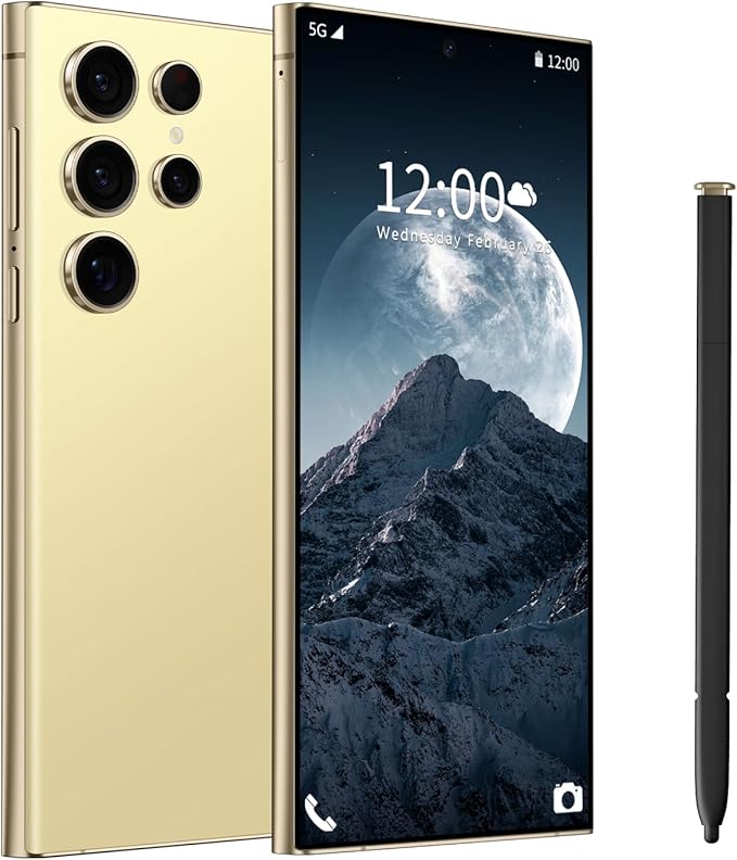 BAOWU I24 Ultra 5G Unlocked Phones, Built in Pen, Smartphone Battery 6800mAh 6.8" HD Screen Unlocked Cell Phone, 16+512GB Android14 with 128G Memory Card, Face ID/Fingerprint Lock/GPS (Yellow)
