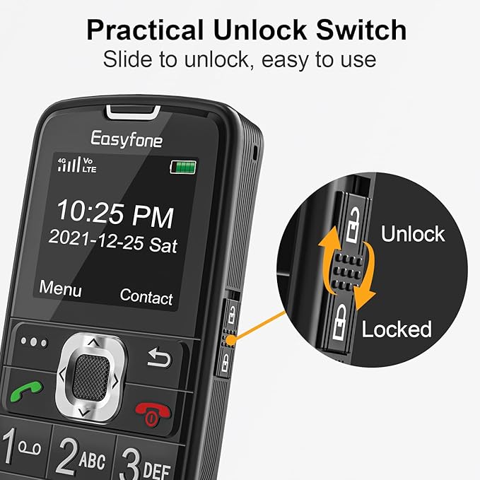 Easyfone A6 4G Unlocked Feature Cell Phone, Easy-to-Use Big Button Clear Sound GSM Basic Mobile Phone with an Easy Charging Dock, No Internet & No Camera (Black)